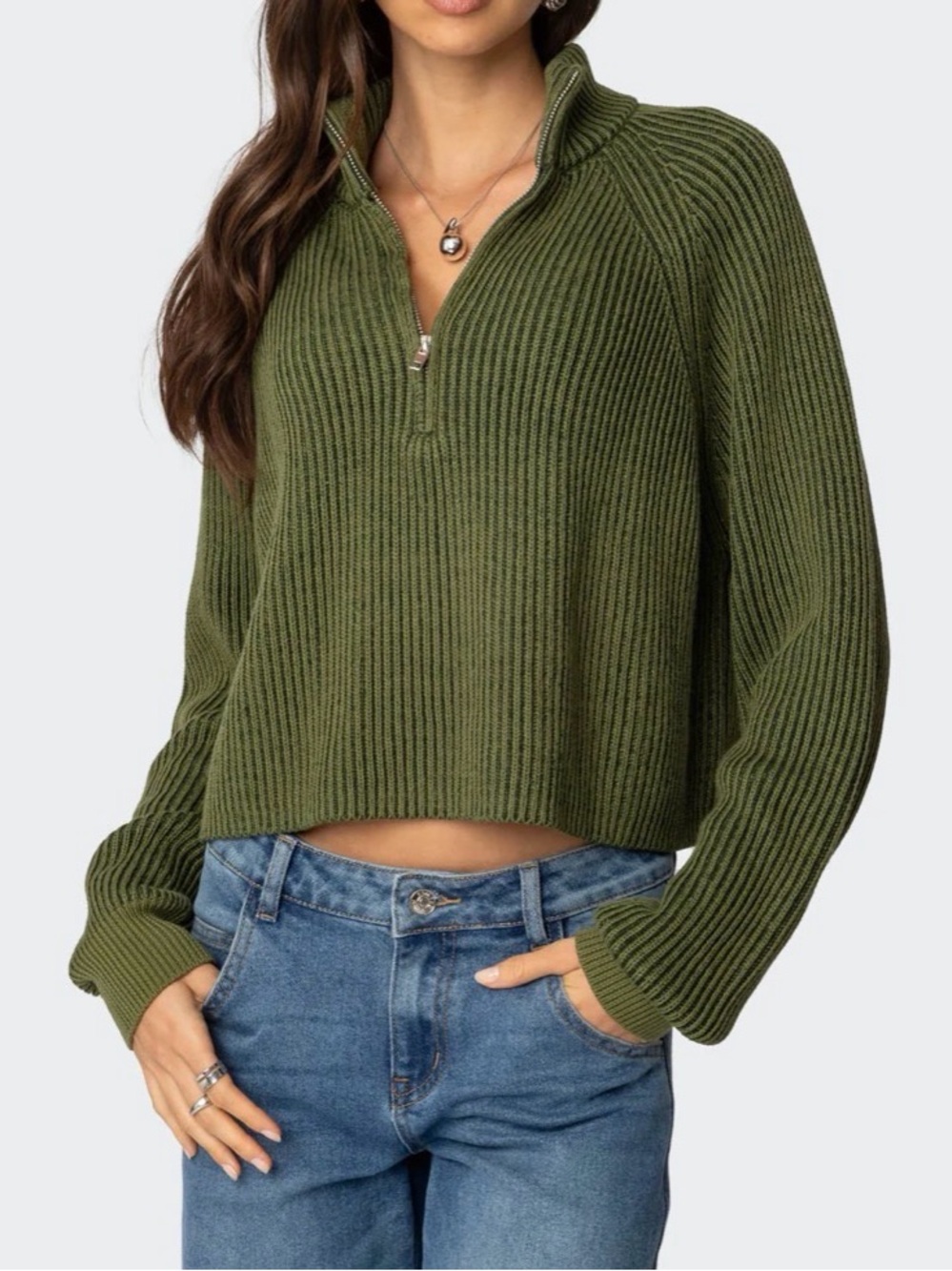 NWT Olive Rib-Knit Half-Zip Cropped Sweater